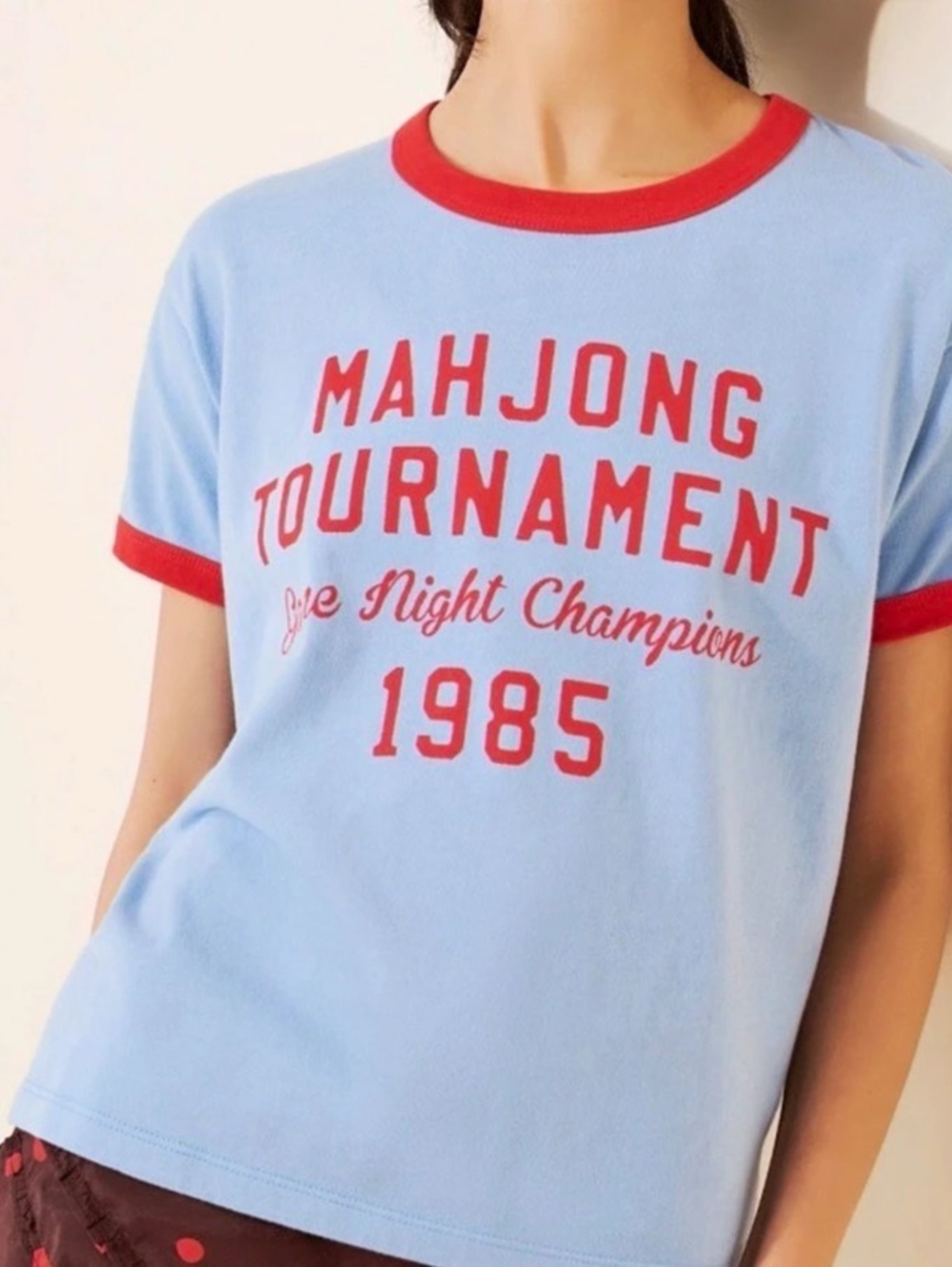 Daydreamer Mahjong Champions Ringer Graphic Tee in Blue & Red Size S Retail $88